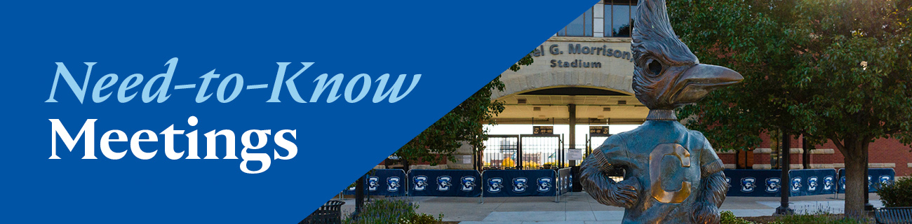 Need to Know Meetings text with photo of Billy Bluejay